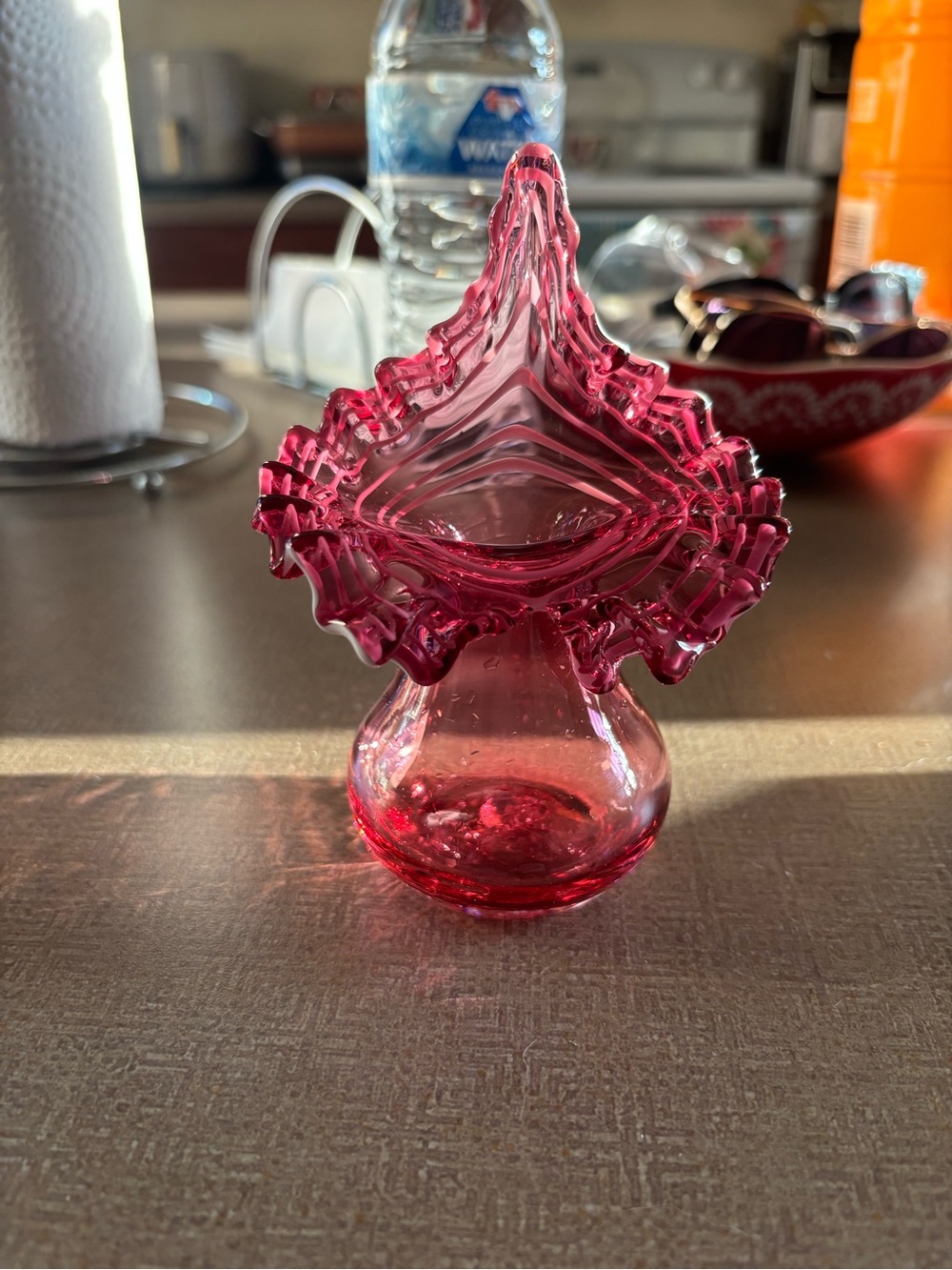 Ruffled Cranberry Glass Decorative Vase - Home Accent